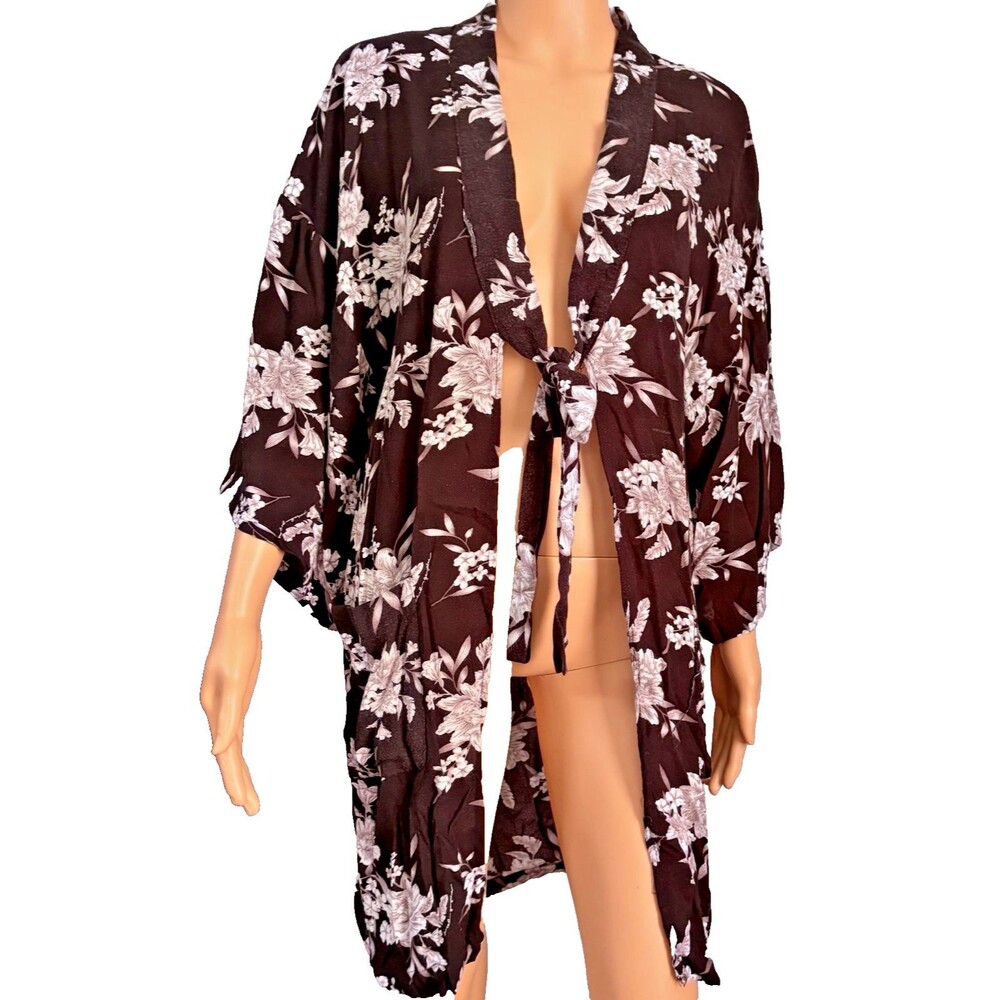 Spiritual Gangster Floral Kimono Duster Black White Tie Front Robe Pockets OS